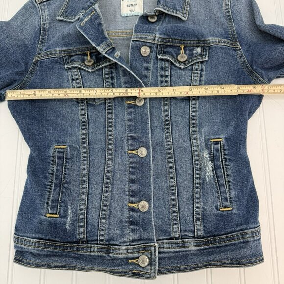 Old Navy Denim Trucker Jacket Size XS Blue Jean Dark Worn Wash Distressed Y2K - Picture 3 of 7